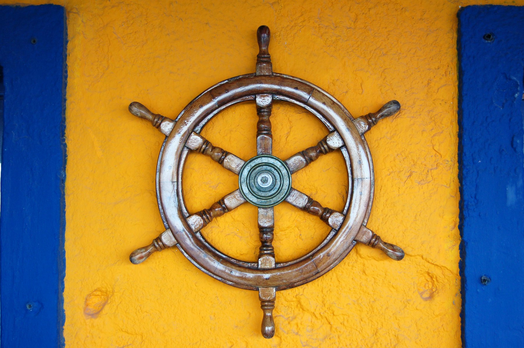 Classic ship wheel on display