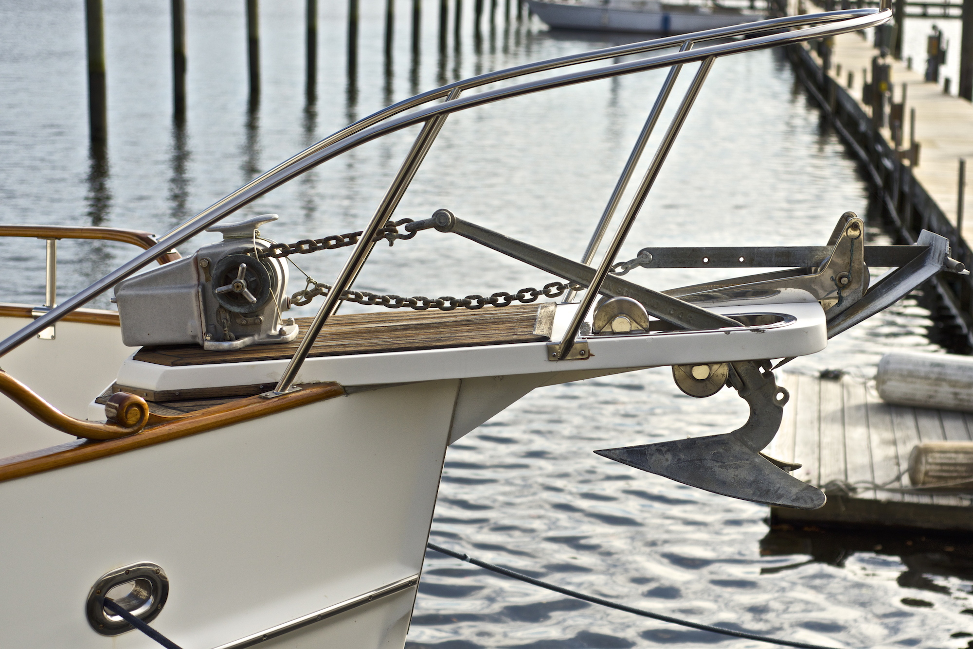 Anchor windlass and bow equipment on a yacht